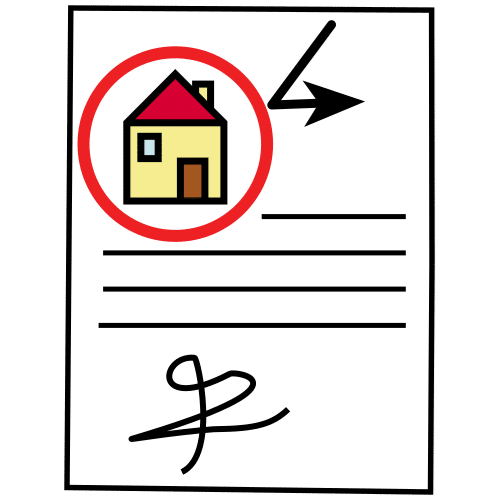 En la imagen aparece una casa encerrada en un círculo rojo, unas líneas de escritura con una firma debajo y una flecha que gira a la derecha arriba.
