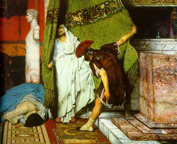 La guardia pretoriana encuentra a Claudio, su tío y futuro emperador, escondido tras las cortinas.