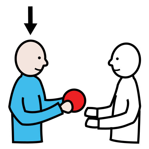 La imagen muestra a dos personas,la persona que se encuentra en el lado izquierdo le está entregando un círculo rojo a la que se encuentra en el lado derecho.