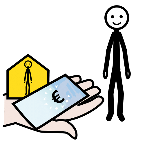 La imagen muestra una mano dentro la cual hay un billete y una figura de una casa. Al fondo aparece la imagen de una persona. 