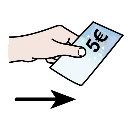 La imagen muestra una mano con un billete de cinco euros, en la parte inferior aparece una flecha en dirección horizontal.