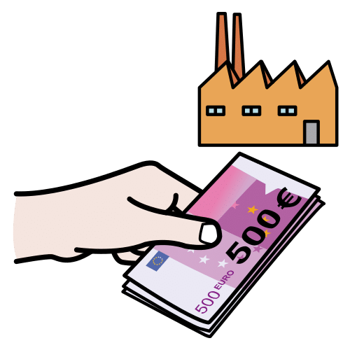 La imagen muestra una mano con un billete de quinientos euros. Al fondo aparece una fábrica. 