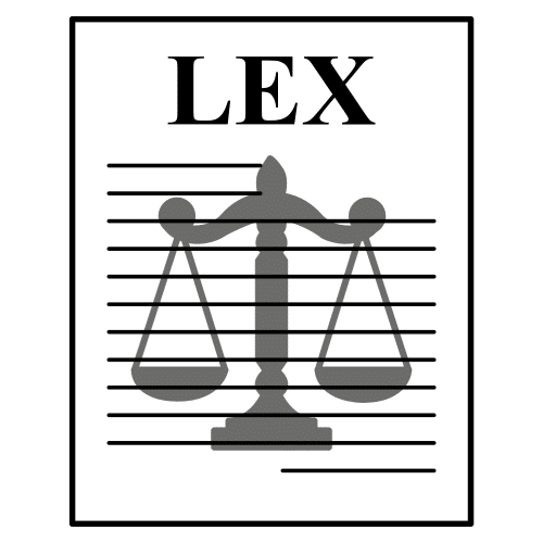 La imagen muestra una hoja con la palabra LEX y una balanza en el fondo.