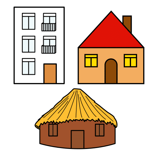 La imagen muestra un edificio de pisos, una casa y una cabaña.