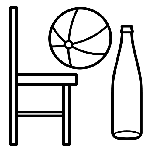 La imagen muestra una botella, una silla y una pelota.