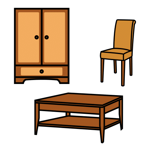 La imagen muestra una silla, un armario y una mesa.