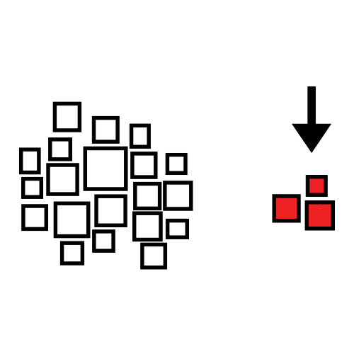 La imagen muestra un conjunto de cuadrados blancos y al lado un conjunto más reducido de cuadrados rojos.