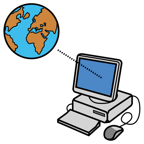 La imagen muestra un ordenador del cual sale una flecha hacia un globo terráqueo