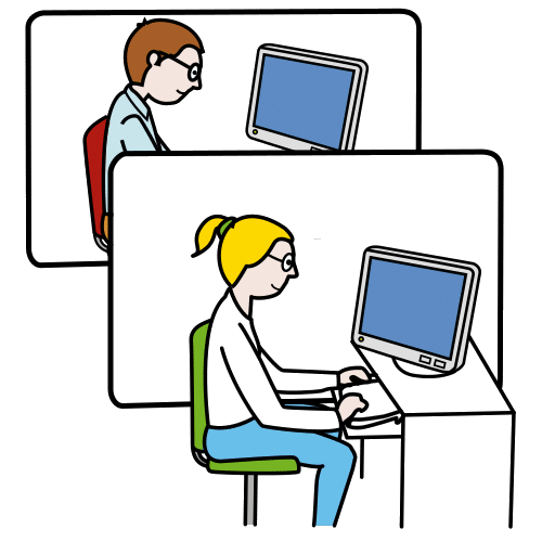 La imagen muestra a dos personas con ordenadores