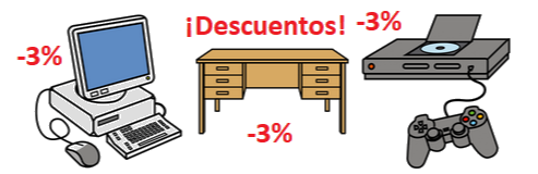 La imagen muestra un descuento del 3% en la compra de ordenadores, escritorios y videoconsolas