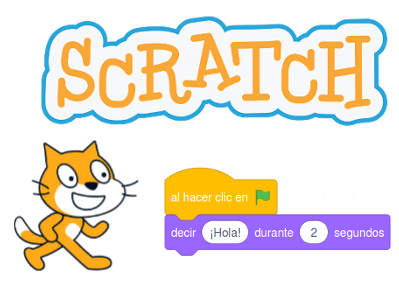 En la imagen aparece el logotpo de Scratch, el gato naranja y un ejemplo de código