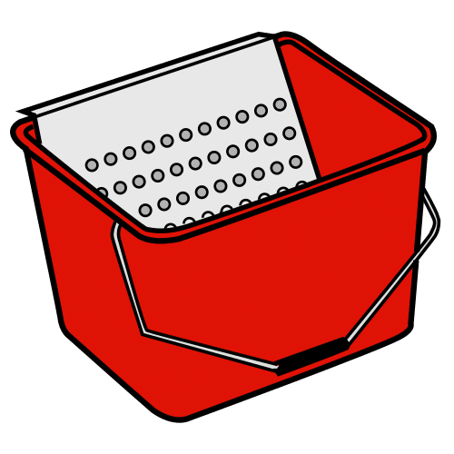 La imagen muestra una cubeta de color rojo para pintar
