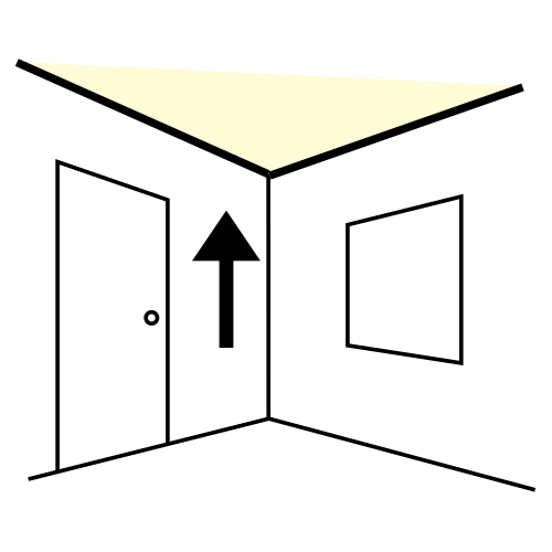 La imagen muestra una sala vacía y una flecha apuntando al techo