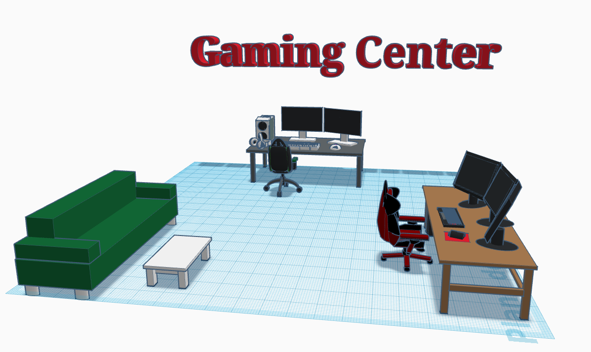 En la imagen aparece un diseño 3D de un gaming center con dos puestos de juego y un sofá