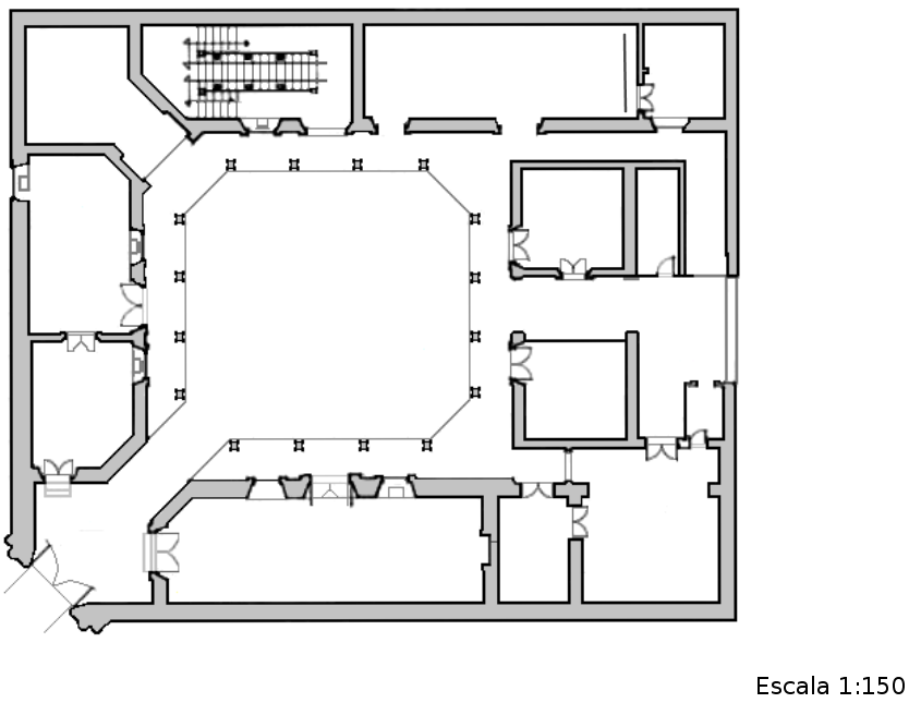 En la imagen se muestra el plano de un edificio con un factor de escala 1:150