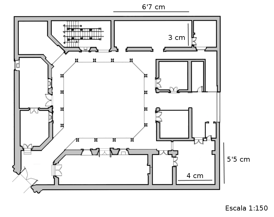 En la imagen se muestra un plano a escala 1:150 con una habitación de 4 por 5 cm y otra de 3 por 6'7 cm