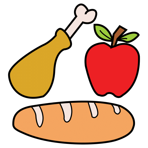 La imagen muestra comida, pollo, manzana y pan
