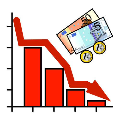 La imagen muestra una gráfica decreciente y monedas