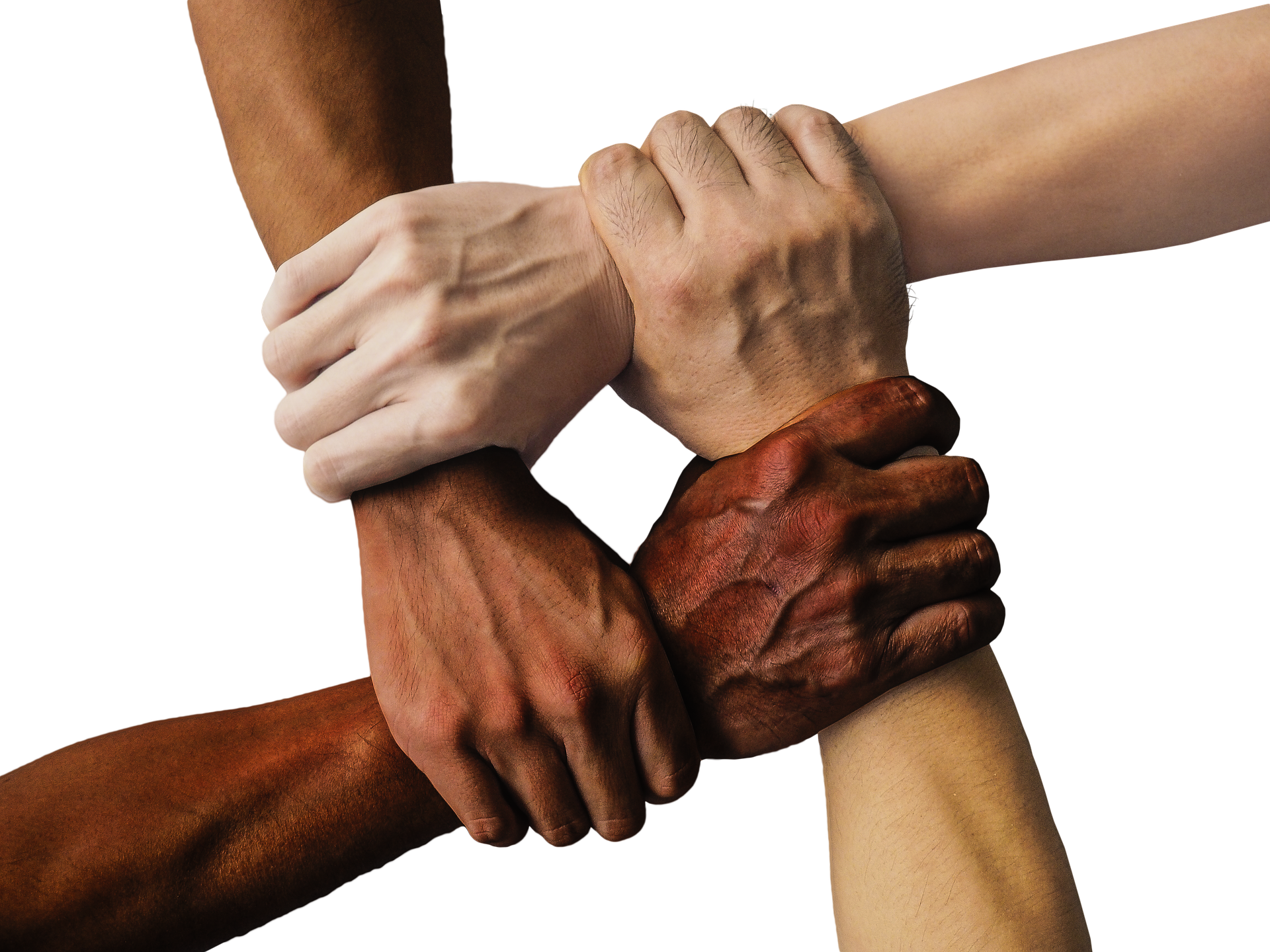 La imagen muestra las manos enlazadas de 4 personas