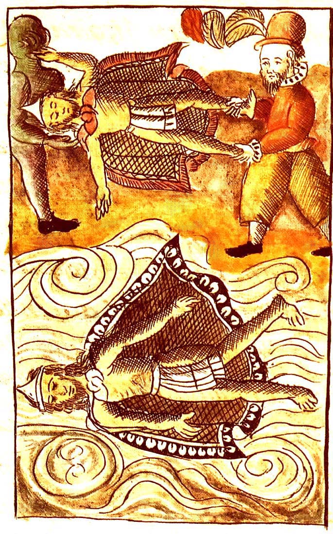 Colonizadores españoles deshaciéndose del cuerpo de Moctezuma. 