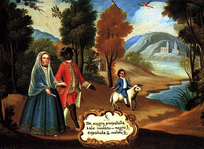 Española y negro paseando con su hijo mulato