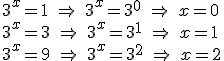 3^x=1 \ \Rightarrow \ 3^x=3^0 \ \Rightarrow \ x=0 \\ 3^x=3 \ \Rightarrow \ 3^x=3^1 \ \Rightarrow \ x=1 \\ 3^x=9 \ \Rightarrow \ 3^x=3^2 \ \Rightarrow \ x=2