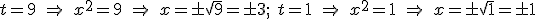 t=9 \ \Rightarrow \ x^2=9 \ \Rightarrow \ x=\pm\sqrt{9}=\pm3; \ t=1 \ \Rightarrow \  x^2=1 \ \Rightarrow \ x=\pm\sqrt{1} = \pm1