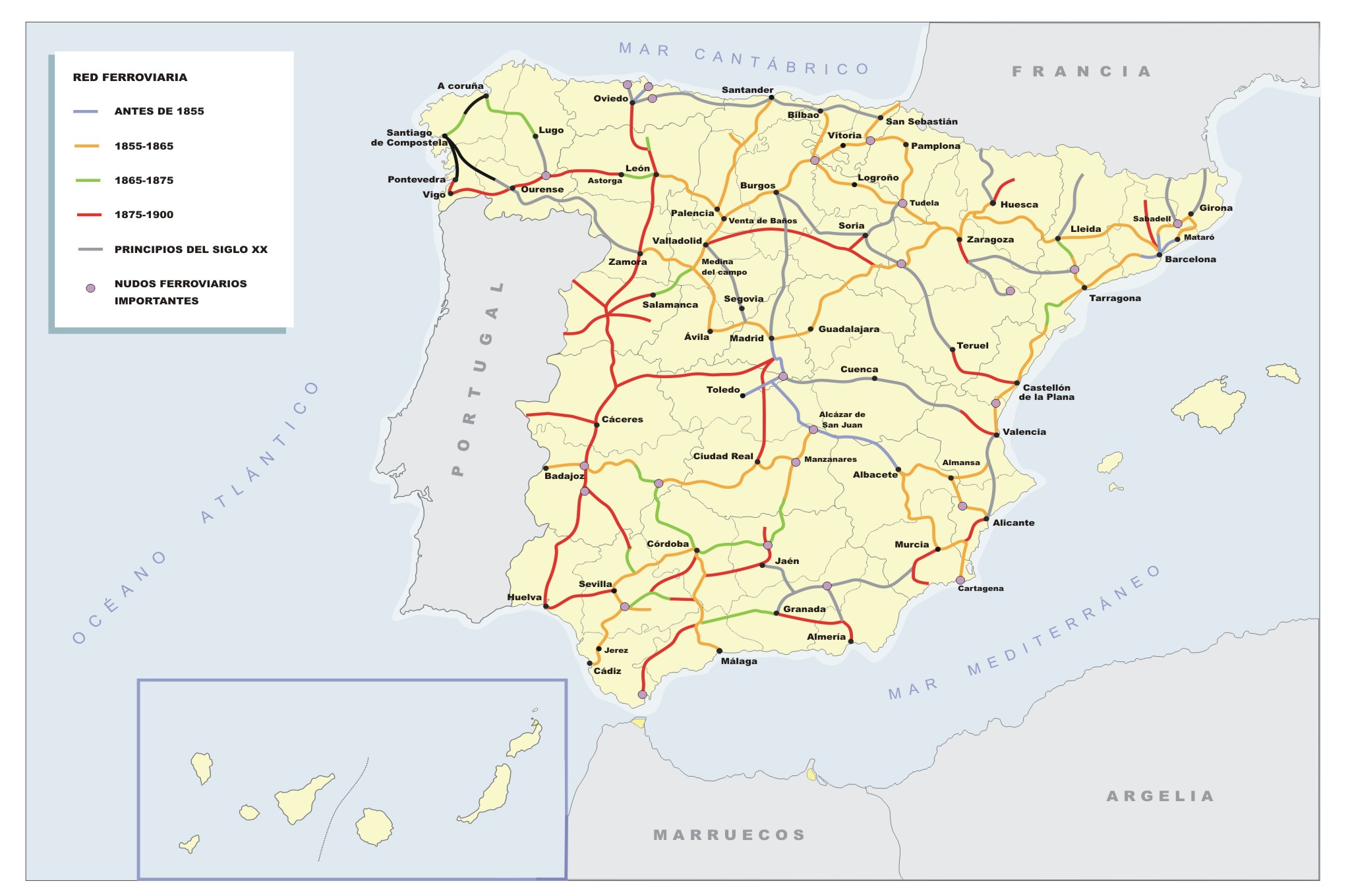 Mapa ferroviario de España entre los s. XIX y XX