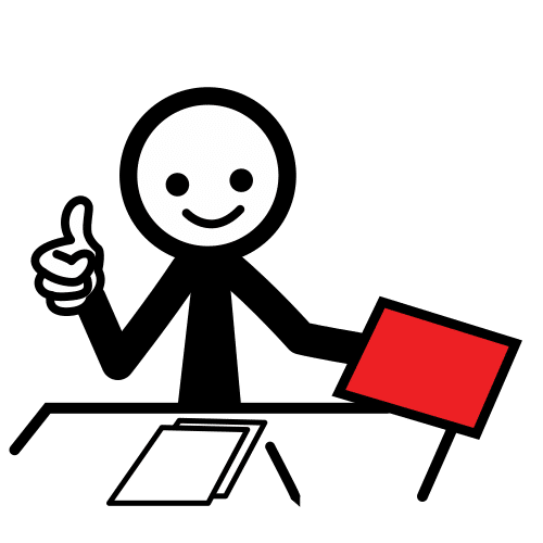 Esta imagen muestra una persona con un folio rojo en una mano y el dedo pulgar levantado de la otra mano.
